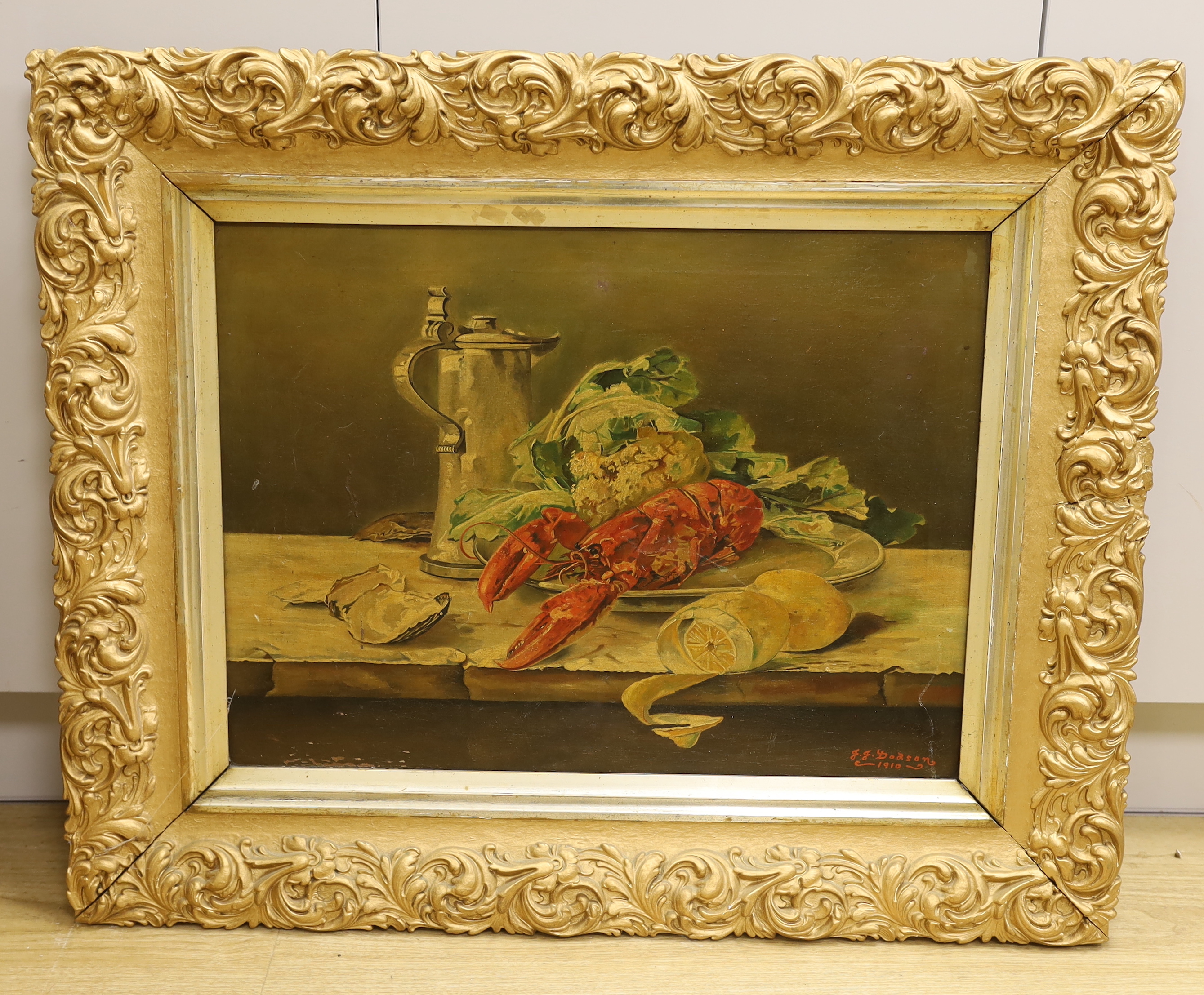 J.J. Dodgson, oil on canvas, Still life of lobsters and vessels, signed and dated 1910, ornate gilt framed, 44 x 59cm